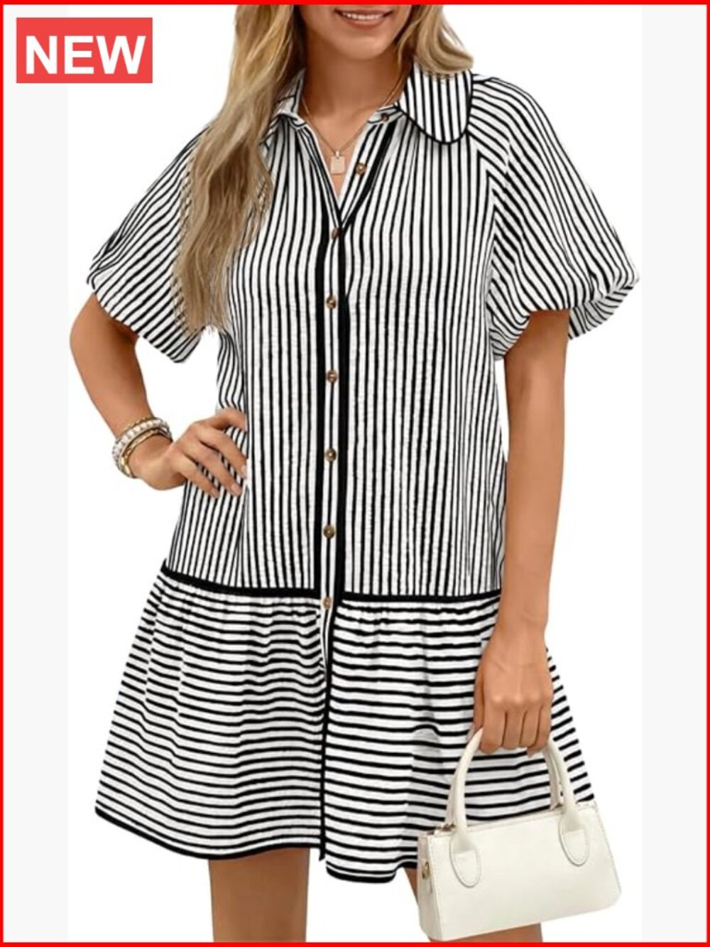 Striped Puff Short Sleeve Button Down Shirt Dress with Pockets
